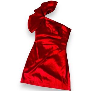 Adrianna Pappel Silky Satin Red One Shoulder Ruffle Strap Dress Women’s Size S